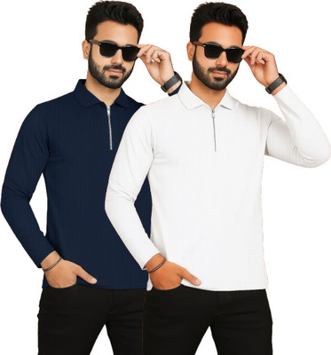 HELMONT Self Design Men Zip Neck Blue, White T-Shirt