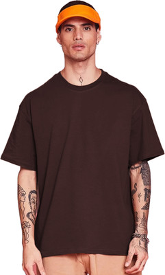 Leotude Solid Men Round Neck Brown T-Shirt