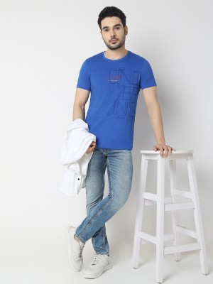 UnderJeans by Spykar Printed Men Round Neck Blue T-Shirt