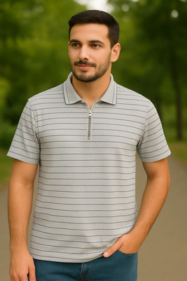 METRONAUT Striped Men Zip Neck Grey T-Shirt
