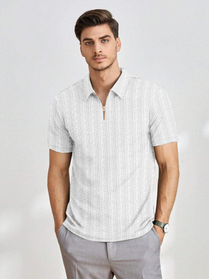 COMBRAIDED Self Design Men Zip Neck Grey T-Shirt