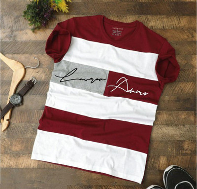 Lauren Adams Colorblock Men Round Neck White, Maroon T-Shirt