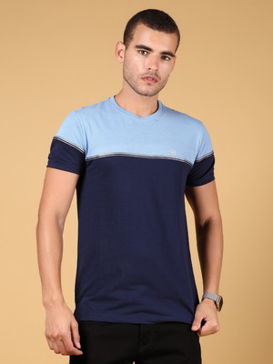 V-MART Colorblock Men Round Neck Blue T-Shirt