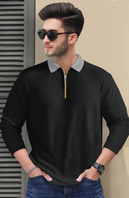 TRIPR Self Design Men Polo Neck Black, Grey T-Shirt