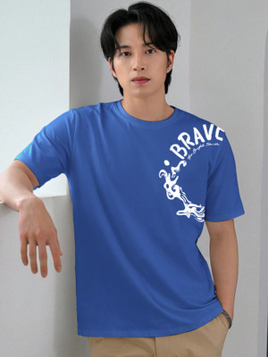 Jump Cuts Printed Men Round Neck Blue T-Shirt