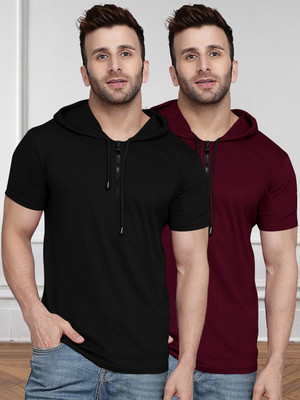 SCOWET Solid Men Hooded Neck Black T-Shirt