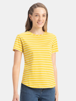 JOCKEY Striped Women Round Neck Yellow T-Shirt