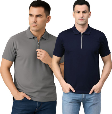 BLACK COOL Solid Men Zip Neck Grey, Navy Blue T-Shirt