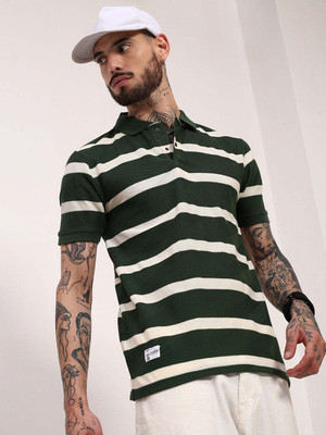 SHOWOFFFF Striped Men Polo Neck Green T-Shirt