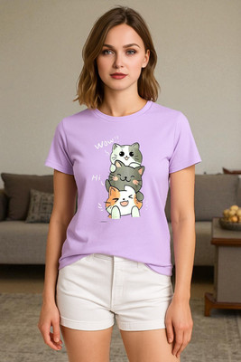 Elvia Graphic Print Women Round Neck Purple T-Shirt
