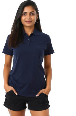 MOJILO Solid Women Polo Neck Dark Blue T-Shirt