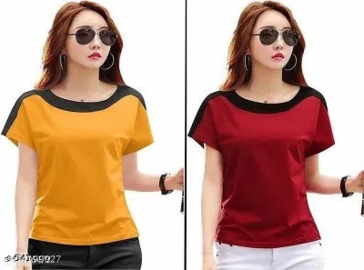 True Basket Solid Women Round Neck Maroon, Yellow T-Shirt