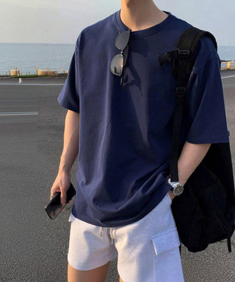 Veirdo Solid Men Round Neck Navy Blue T-Shirt