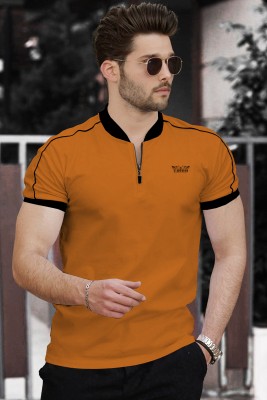 TRIPR Solid Men Mandarin Collar Yellow T-Shirt