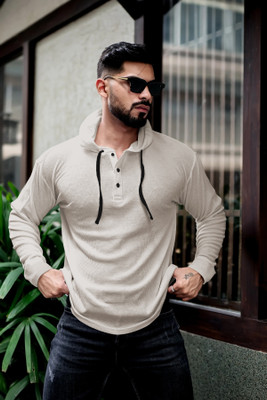 HOODLER Solid Men Hooded Neck Grey T-Shirt
