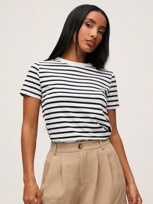 Stockton Striped Women Round Neck Black T-Shirt
