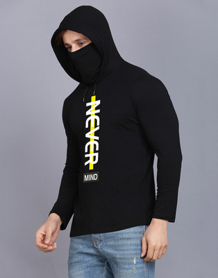 SLOWLORIS Printed Men Hooded Neck Black T-Shirt