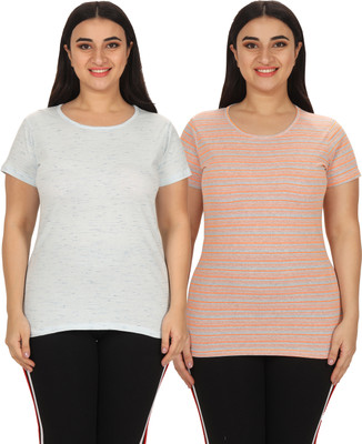 YUALIN CREATION Striped Women Round Neck Multicolor T-Shirt