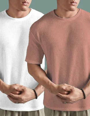 R ARHAN Self Design Men Round Neck White, Pink T-Shirt
