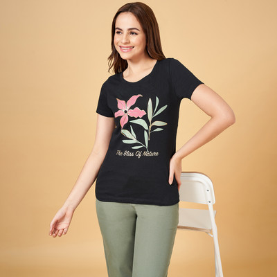 Honey By Pantaloons Printed Women Round Neck Black T-Shirt