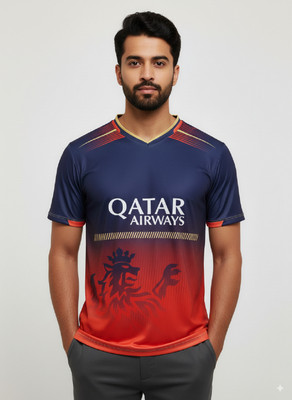 PRASEL Printed Men V Neck Red, Blue T-Shirt