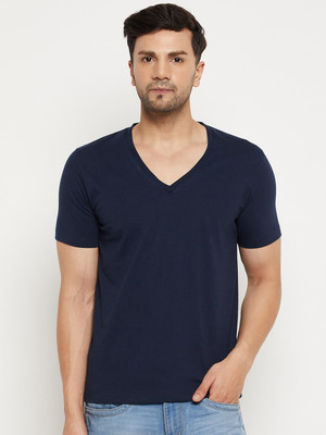 Wild West Solid Men V Neck Navy Blue T-Shirt