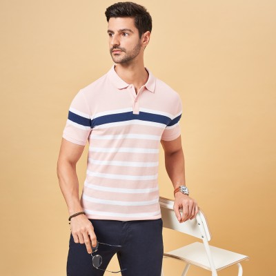 Byford by Pantaloons Striped Men Polo Neck Pink, White T-Shirt