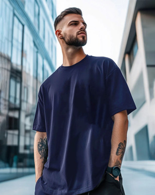 AOOSH Solid Men Round Neck Navy Blue T-Shirt