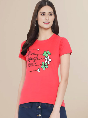 Fabflee Printed Women Round Neck Pink T-Shirt