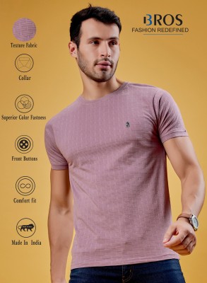 3BROS Solid Men Round Neck Pink T-Shirt