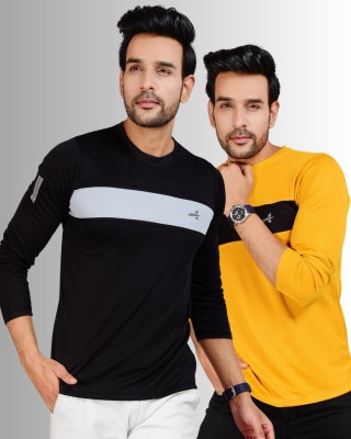 addiz Solid Men Round Neck Black, Yellow T-Shirt