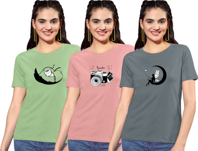 ZentWorld Graphic Print Women Round Neck Light Green, Beige, Grey T-Shirt