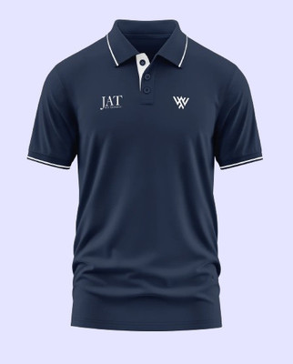 Warriorworld Typography Men Polo Neck Navy Blue T-Shirt