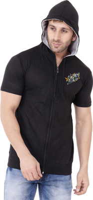 GEUM Printed Men Hooded Neck Black T-Shirt
