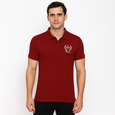 RF Raves Printed, Solid Men Polo Neck Maroon T-Shirt