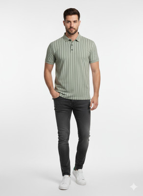 GLORI STAR Striped Men Polo Neck Light Green T-Shirt