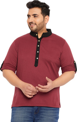 bigbanana Solid Men Mandarin Collar Maroon T-Shirt