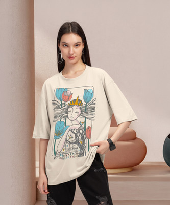 Hellcat Printed Women Round Neck Beige T-Shirt