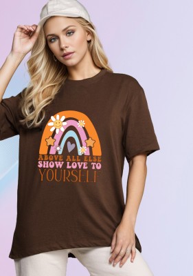 SLENOR Typography Women Round Neck Brown T-Shirt