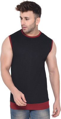 GEUM Solid Men Round Neck Maroon, Black T-Shirt