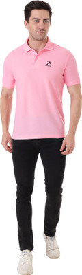 Aurezaa Solid Men Polo Neck Pink T-Shirt