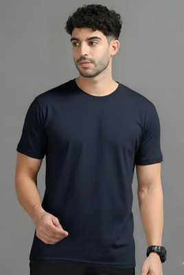 Jangoboy Solid Men Round Neck Navy Blue T-Shirt
