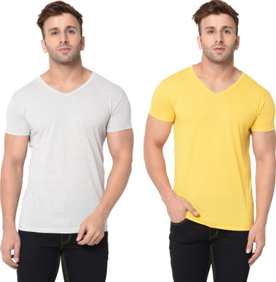 Tresna Trending Solid Men V Neck Grey, Yellow T-Shirt