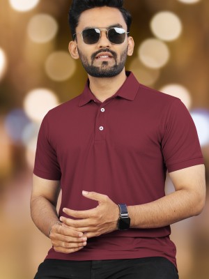 VeBNoR Solid Men Polo Neck Maroon T-Shirt