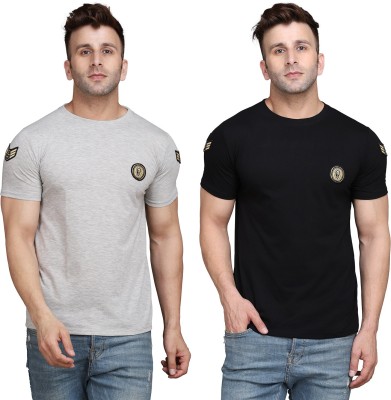 BEYOU FASHION Solid Men Round Neck Silver, Black T-Shirt