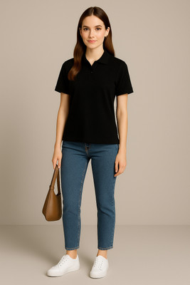 Adyavastram Solid Women Polo Neck Beige T-Shirt