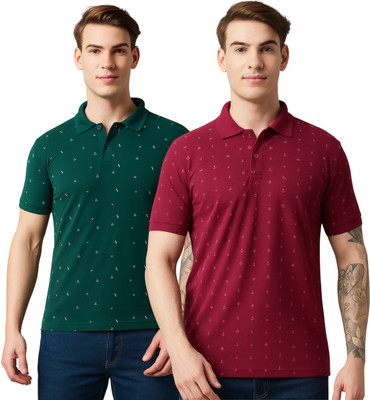 BLENDIX Printed Men Polo Neck Maroon, Green T-Shirt