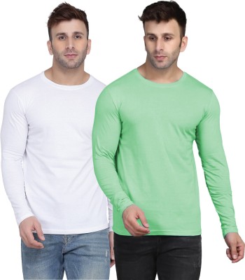 Kroptee Solid Men Round Neck White, Light Green T-Shirt
