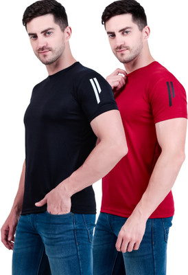 OCTOVEEJ Printed Men Round Neck Black, Maroon T-Shirt