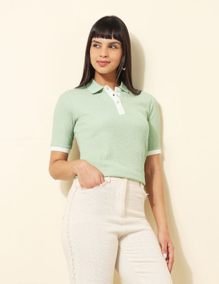 U.S. POLO ASSN. Self Design Women Polo Neck Green T-Shirt